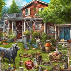 May include: A whimsical illustration of a cluttered yard in front of a red house. Various objects are scattered across the grass, including an axe, a box, a fox, a Texas-shaped object, and a xylophone. The word "EXIT" is visible above the door.