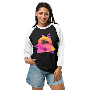 1980s Graphic Print 3/4 Sleeve Raglan Tee Vintage Print Long Sleeve Tshirt Womens Tees Mens Tees For Teens Tropical Print Tshirt
