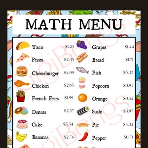 Peut inclure: Un menu coloré avec des illustrations d'aliments et leurs prix. Le menu comprend des articles tels que des tacos, des pizzas, des cheeseburgers, du poulet, des frites, des beignets, des gâteaux, des bananes, des hot-dogs, des carottes, du fromage, des tomates, des raisins, du pain, du poisson, du pop-corn, des oranges, des sushis, des tartes, du poivre, des œufs, du lait, du beurre et des pommes.
