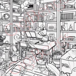 Op de afbeelding: Een zwart-witte illustratie van een rommelige kamer met een bureau, planken en verschillende voorwerpen, waaronder een vos, een schildpad, een slak, een paard, een walvis, een cowboyhoed, een hoge hoed, een pompoen, een zon, een boom, een kikker, een eend, een kip, een muis, een varken, een nest, bananen, een dolfijn, een vis, een appel, een kleurpotlood en een pet.