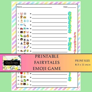 May include: Printable fairytale emoji game with 20 questions. The game is designed to guess the fairytale based on the emojis. The game is printed on white paper with a pink, yellow, and blue striped border. The print size is 8.5 x 11 inches.