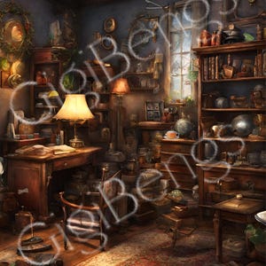 May include: A cluttered room with a wooden desk, a lamp, and a bookshelf filled with books and objects. The room has a rustic and antique feel, with a worn rug on the floor and a window with a view of a snowy landscape.