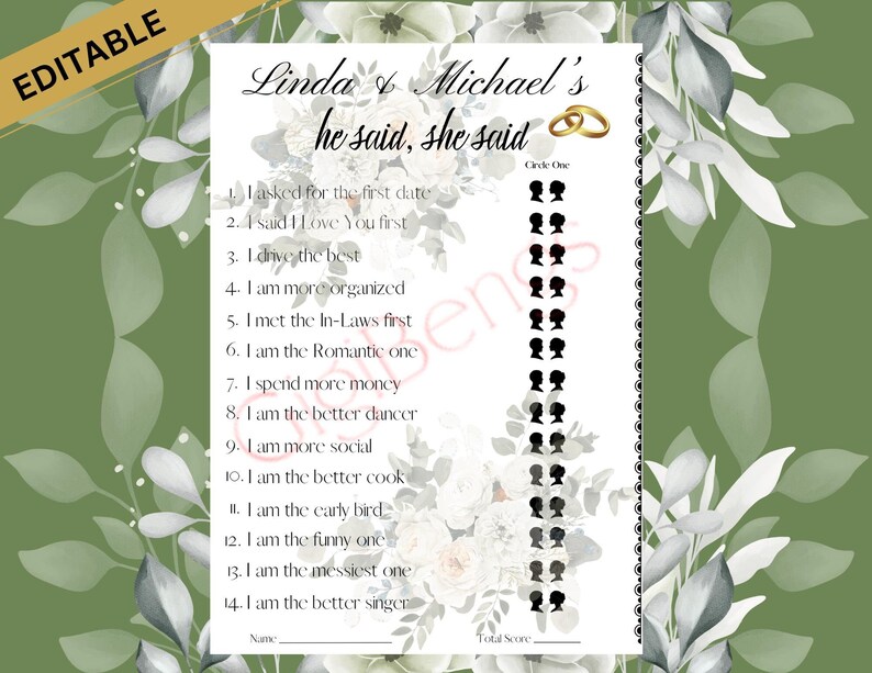 EDITABLE He Said She Said Bridal Shower Game Wedding Game Couples ...
