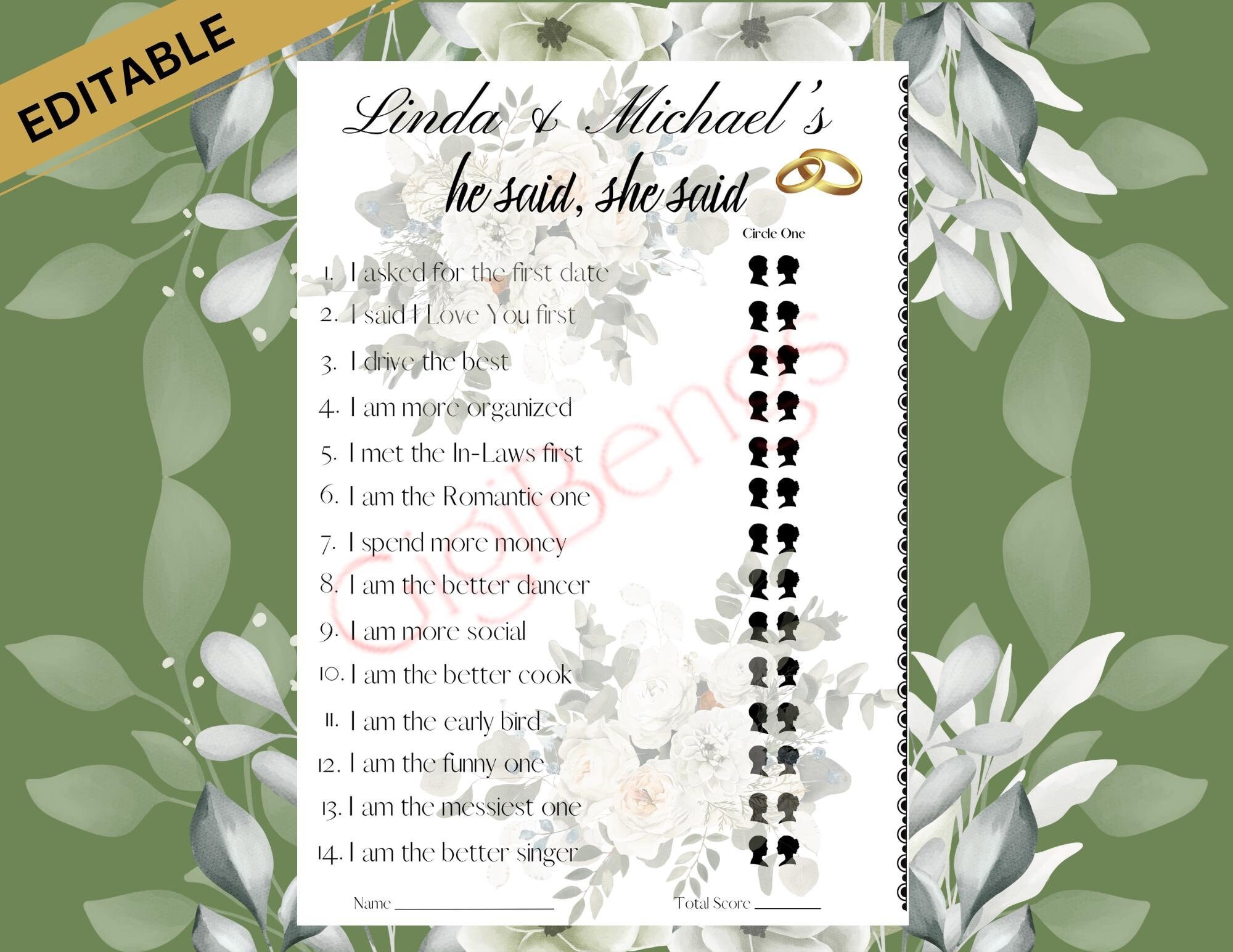 EDITABLE He Said She Said Bridal Shower Game Wedding Game Couples ...