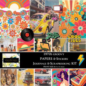 May include: A digital scrapbooking kit with a 1970s groovy theme. The kit includes papers, stickers, and journaling cards. The kit is perfect for creating scrapbook pages, cards, and other paper crafts. The kit features a variety of colors, patterns, and designs, including flowers, rainbows, and cars. The kit also includes the text "GigiBengs", "Groovys", and "Good Vibes".