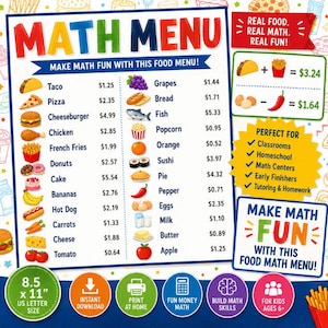 Ausdruckbares Menü mit Rechenaufgaben zum Thema Essen, Rechenübung zum Thema Geld, Arbeitsblatt zum Thema Einkaufen, PDF für das Mathezentrum der Grundschule, Mathespiel für den Heimunterricht