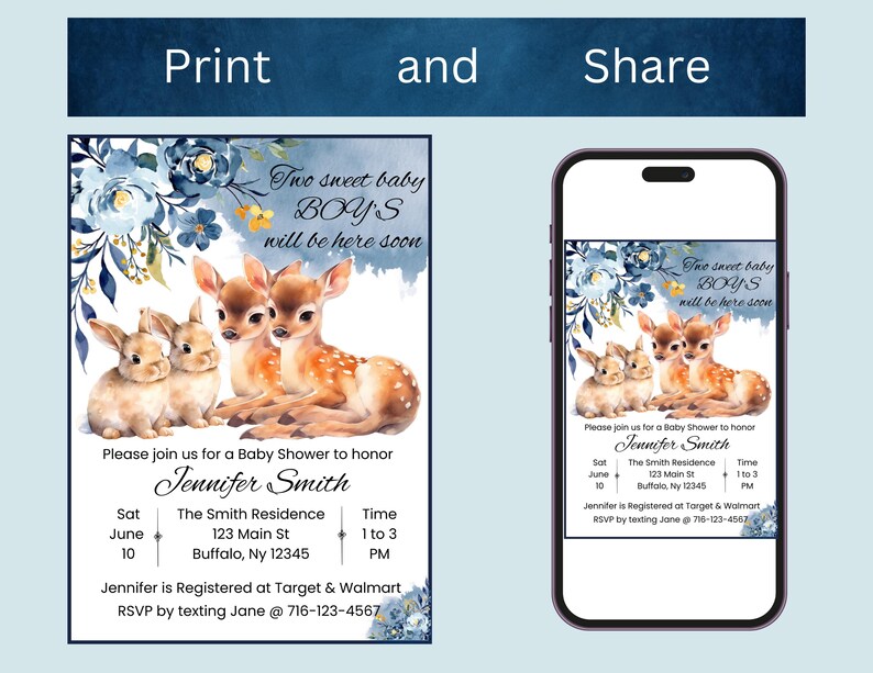 EDITABLE Twins Baby Shower Woodland Animal Invitation for Boys