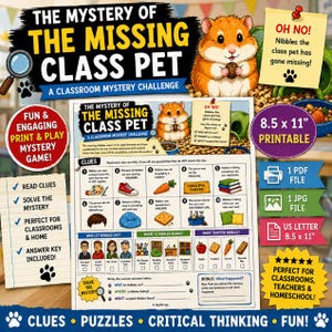 Op de afbeelding: Een printbaar mysterie-spel voor in de klas genaamd The Mystery of the Missing Class Pet met een cartoonhamster, een raster van tien genummerde aanwijzingen met illustraties en secties om te identificeren wie het huisdier liet ontsnappen.