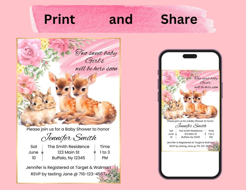 EDITABLE Twins Baby Shower Woodland Animal Invitation for Girl