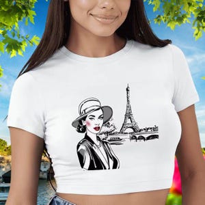 Parisian Crop Top for Women Vintage French Style Tee Eiffel Tower Shirt  Designer Inspired Fitted Belly Tee Made in USA T-Shirt for Women