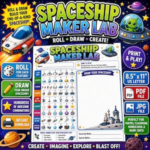 May include: A printable activity sheet titled Spaceship Maker Lab featuring a grid to roll and draw custom spacecraft designs. The 8.5 inch by 11 inch document includes numbered categories for ship parts, colors, and patterns, plus a drawing area.