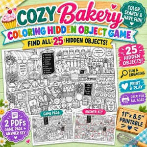 May include: A Cozy Bakery colouring hidden object game printable featuring a black and white line art illustration of a bakery interior with a menu, baked goods, and 25 hidden objects to find. Includes two 27.9 cm by 21.6 cm PDF pages.