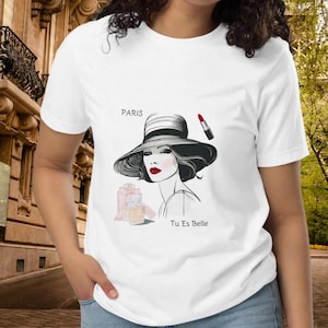 French Graphic Tee for Women Elegant Fashion Illustration Tee with Red Lipstick & Oversize Hat Trendy Parisian Style Apparel for Women Tee