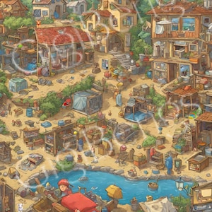 May include: A colorful illustration of a town with houses, trees, and a river. There are many hidden objects in the scene, including a ladybug, a lemon, a lion, a lizard, and luggage.