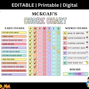 EDITABLE Chore Chart for Kids Printable Chore Chart for Children Allowance Chore Chart Personalized Digital Weekly Chore Chart for Kids