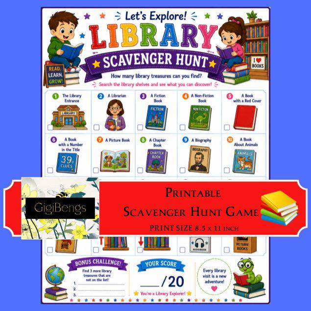 Library Scavenger Hunt Printable Game for Kids | Educational Activity ...