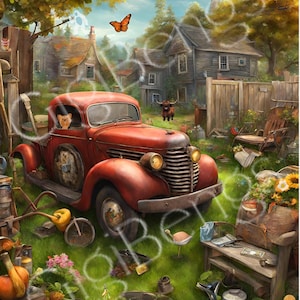 May include: A red vintage pickup truck parked in a cluttered yard with a small dog looking out the window. The yard is filled with various items, including a pumpkin, a wheelbarrow, a watering can, and a sunflower.