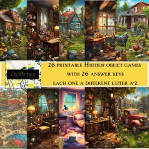 Peut inclure: Un ensemble de 26 jeux d'objets cachés imprimables avec 26 clés de réponse. Chaque jeu présente une lettre différente de l'alphabet. Les jeux sont illustrés par des scènes colorées de maisons, de jardins et de pièces.