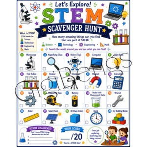 STEM Scavenger Hunt Printable for Kids, Science Technology Engineering Math Activity, STEM Learning Game, Homeschool STEM Printable, Science Activity Sheet, Educational Scavenger Hunt, Classroom STEM Activity, STEM Club Printable, Science Fair Activity, Critical Thinking Game, Educational Printable, STEM Worksheet, Kids Learning Activity, STEM Exploration Game, Screen Free Learning, Instant Download PDF, STEM Activities for Children