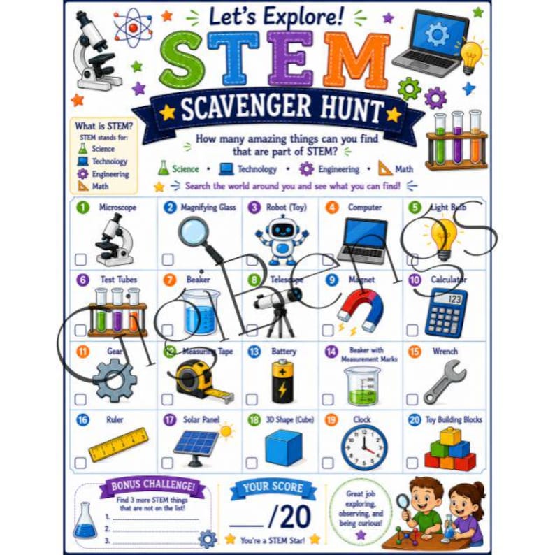STEM Scavenger Hunt Printable for Kids, Science Technology Engineering Math Activity, STEM Learning Game, Homeschool STEM Printable, Science Activity Sheet, Educational Scavenger Hunt, Classroom STEM Activity, STEM Club Printable, Science Fair Activity, Critical Thinking Game, Educational Printable, STEM Worksheet, Kids Learning Activity, STEM Exploration Game, Screen Free Learning, Instant Download PDF, STEM Activities for Children
