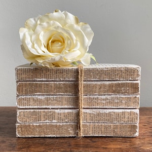 May include: A stack of five rectangular blocks wrapped in paper printed with black text, tied together with a thin brown twine cord. A large, cream-colored artificial rose with layered petals rests on top of the stack of paper-covered blocks.