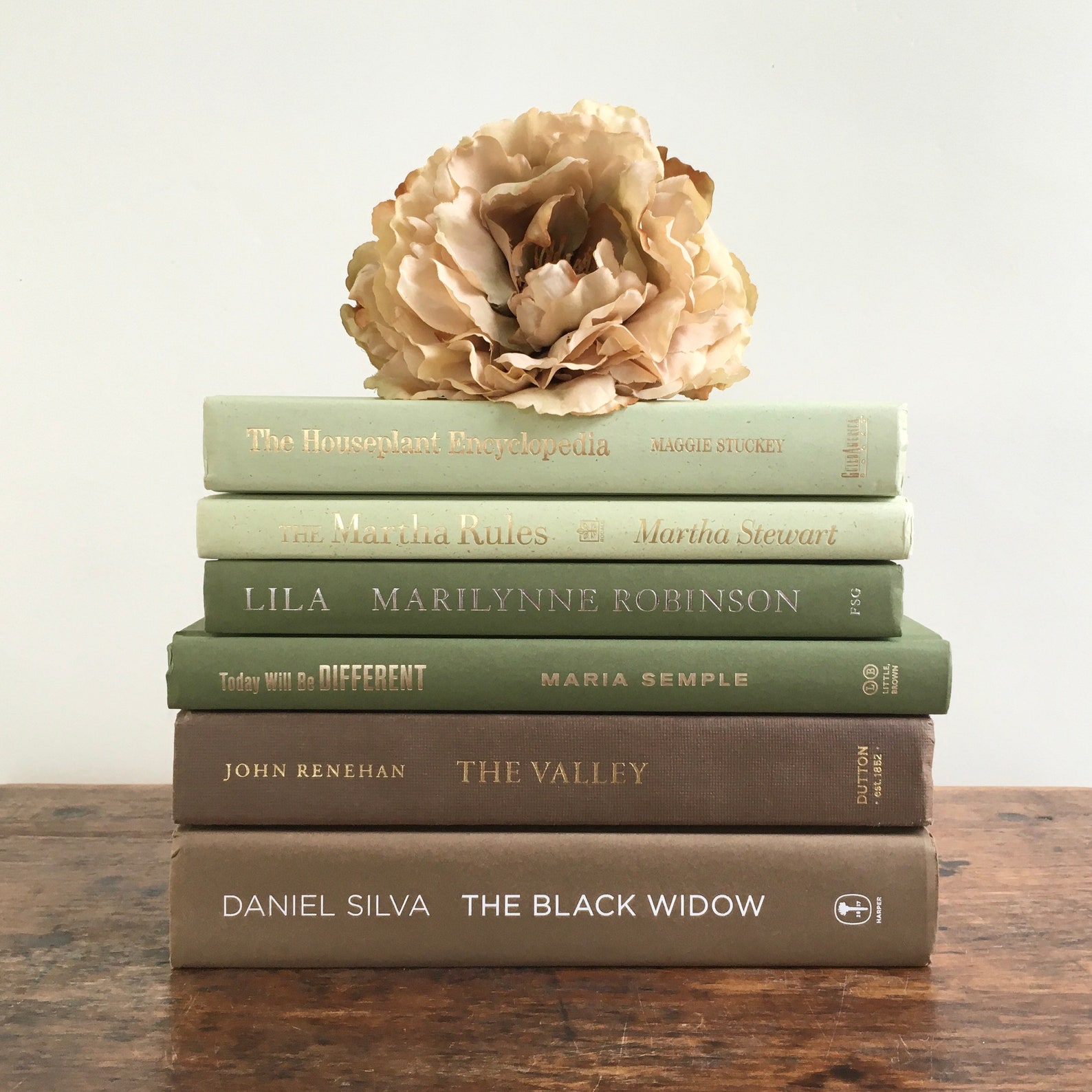 Green and Brown Decorative Books Set Shelf Decor Mantel Etsy