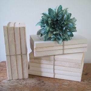 May include: A stack of books with off-white covers tied together with thin twine, arranged in two groups. A large, teal-colored artificial dahlia flower rests on top of the horizontal stack of books, adding a vibrant contrast to the neutral tones.