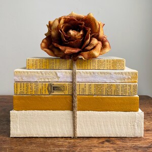 May include: A stack of vintage books with yellowed pages, tied together with twine, and topped with a dried, brown rose.