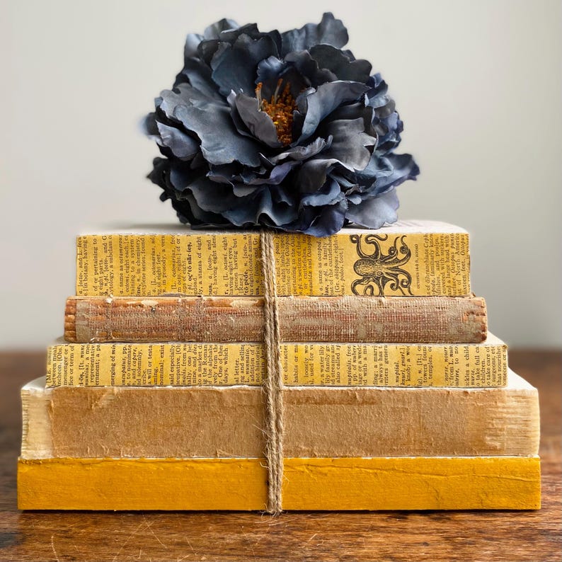 May include: A stack of vintage books with yellowed pages and brown covers are tied together with twine. A large, dark blue flower sits on top of the books.