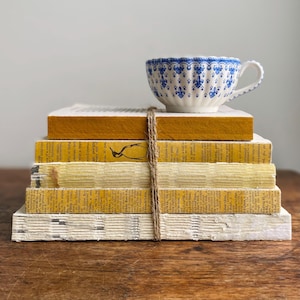 May include: A stack of vintage books with yellowed pages and a blue and white teacup on top. The books are tied together with twine.