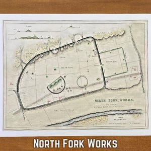 May include: An antique map print of North Fork Works, featuring detailed illustrations of the area's layout. The map includes text, a scale, and various geographical features, all presented in a vintage style. The title "NORTH FORK WORKS" is displayed at the bottom.
