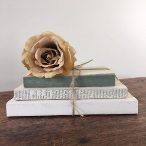 Sage Green and White Decorated Farmhouse Books, Wedding Centerpiece, Shelf Decor, Mantel Decoration, Painted Books image 1