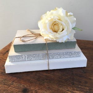 Sage Green and White Decorated Farmhouse Books, Wedding Centerpiece, Shelf Decor, Mantel Decoration, Painted Books image 2