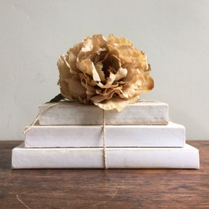May include: A stack of three white books with a beige flower on top, tied together with twine.