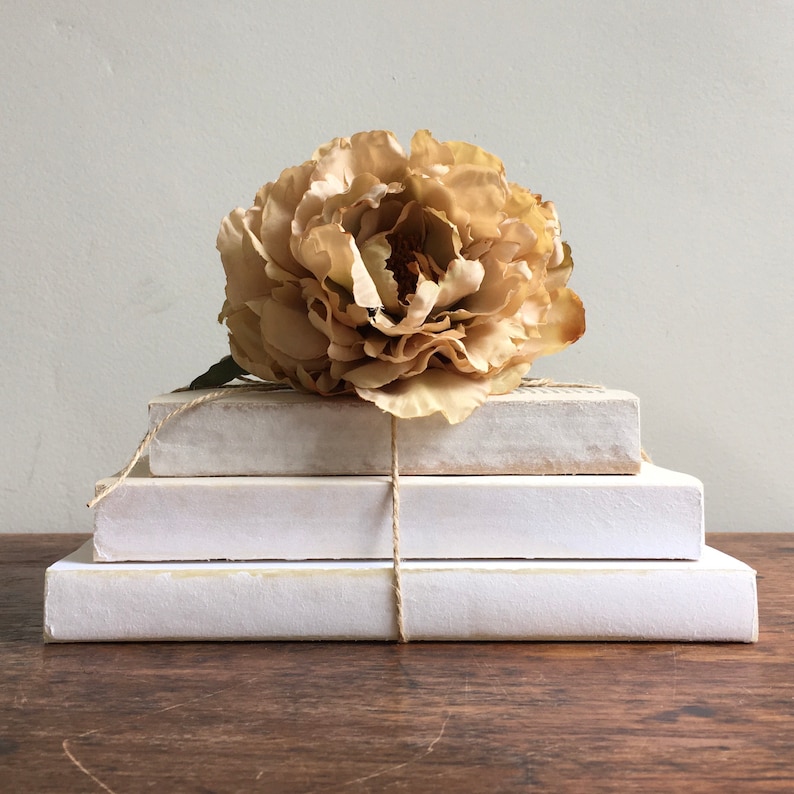 Vintage books stacked, tied with twine, and topped with everlasting tea color rose. White Tiered Decorative Books Set Farmhouse Decor White.