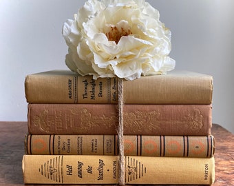 Vintage Earth Tones Book Stack, Mustard Yellow and Tan Cottage Decor