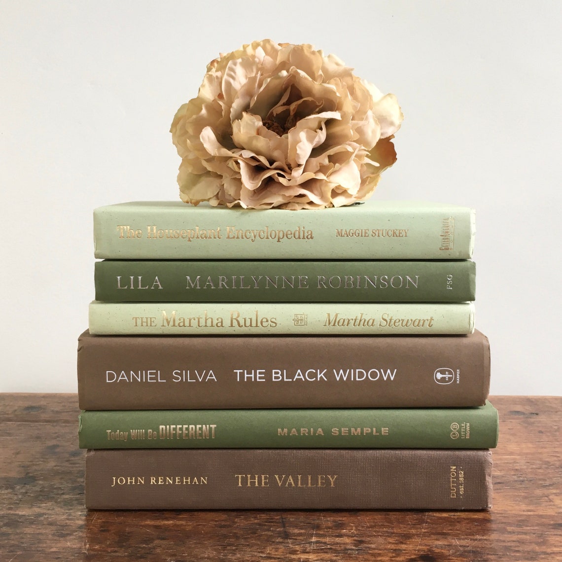 Green and Brown Decorative Books Set Shelf Decor Mantel Etsy