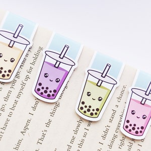 Bubble Tea | Boba Tea Set Magnetic Bookmark | Cute Tapioca Pearls, Taro, Matcha tea, Rose, Jasmine