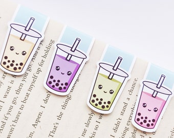 Bubble Tea | Boba Tea Set Magnetic Bookmark | Cute Tapioca Pearls, Taro, Matcha tea, Rose, Jasmine