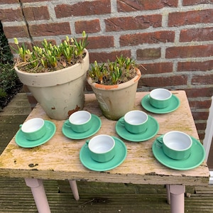 Apilco Limoges porcelain vintage bistro cup and saucers mint green.