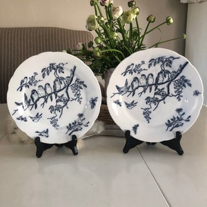 Op de afbeelding: Twee witte keramische borden met blauwe en witte vogelontwerpen. De borden hebben een gegolfde rand en staan op zwarte standaards.