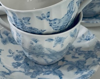 Barrats Songbirds antique fluid blue cups & saucers 7x England