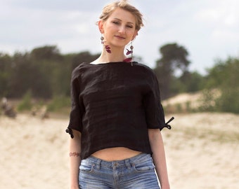 LINEN oversized BLACK t-shirt  - open back crop TOP - evening casual blouse