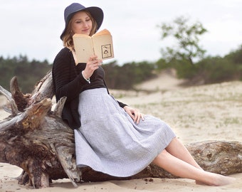 LINEN natural checkered skirt with pleates - plaid pattern - blue white brown - tie back