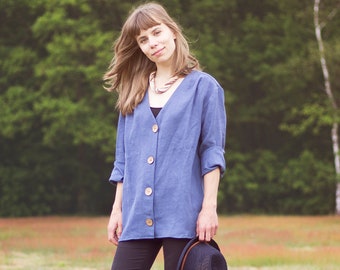 LINEN blouse - blue navy SHIRT - casual sweater - COCONUT buttons - natural fabric jacket