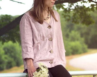 LINEN blouse - pink  rose SHIRT - casual sweater - COCONUT buttons - natural fabric jacket