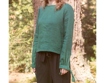 LINEN green blouse - long sleeve SHIRT - coconut button back fastening - pleated tie sleeves - casual evening TOP - bottle green