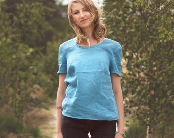 LINEN blue t-shirt - oversized TEE - comfortable casual TOP - handmade eco linen