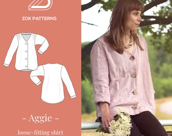 AGGIE - button up blouse - women shirt - oversized - sewing pattern - PDF pattern - printable - at home print pattern