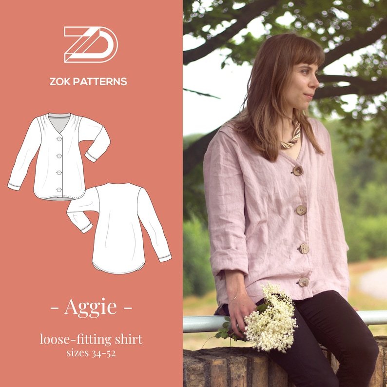 AGGIE button up blouse women shirt oversized sewing pattern PDF pattern printable at home print pattern image 1